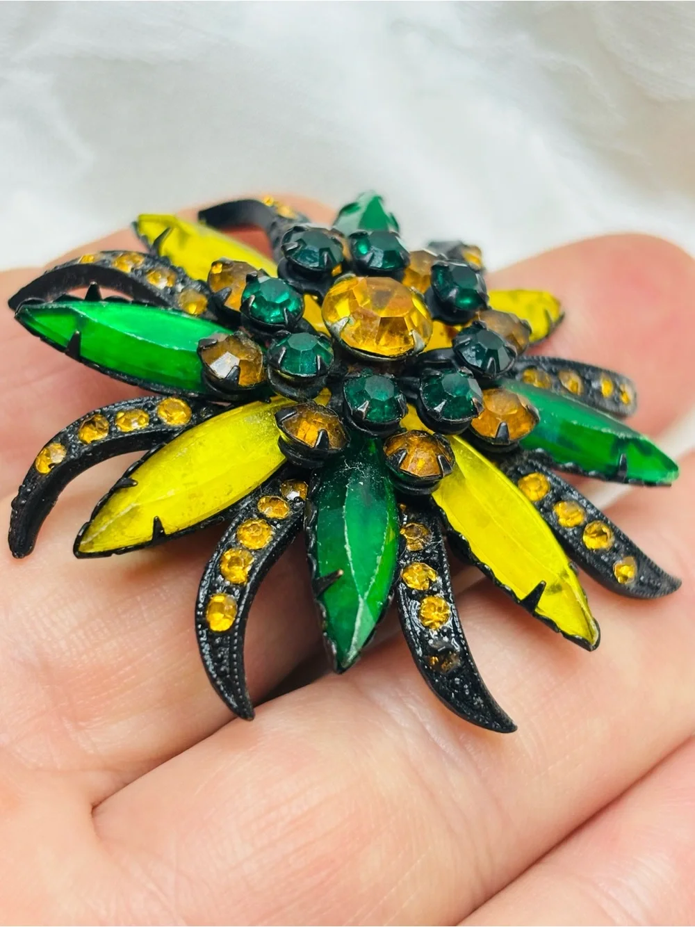 Vintage Selro Selini Brooch Amber Green Yellow Rhinestone